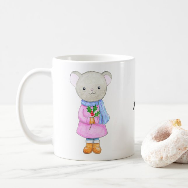 Adorable Mouse Girl in Winter Clothing Christmas Coffee Mug (With Donut)
