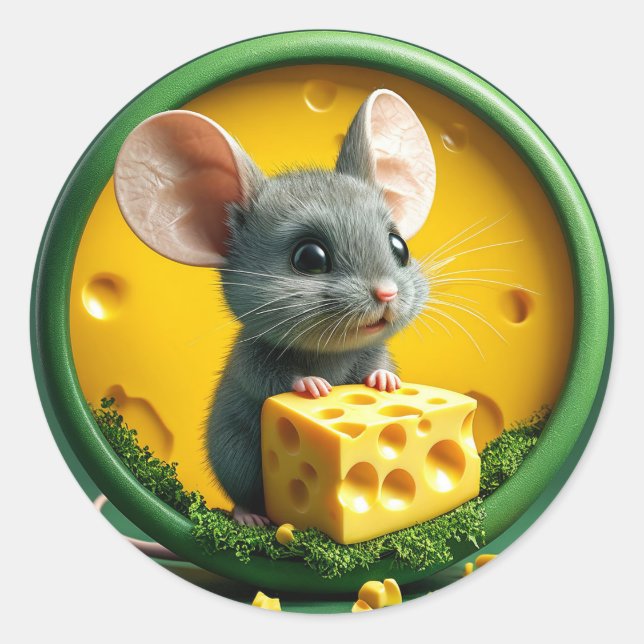 Adorable Mouse Holding Cheese Classic Round Sticker (Front)