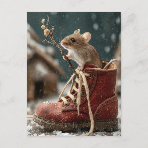 Adorable Mouse in a Miniature Boot in the Snow Holiday Postcard