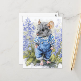 Adorable Mouse in Denim in the Flowers Postcard