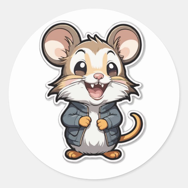 Adorable Mouse in Jacket Cartoon Design Classic Round Sticker (Front)
