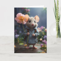 Adorable Mouse Large Flower Illustration Blank