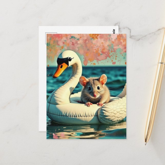 Adorable Mouse on a Swan Float Postcard (Front/Back In Situ)