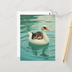 Adorable Mouse on a Swan Pool Float Postcard