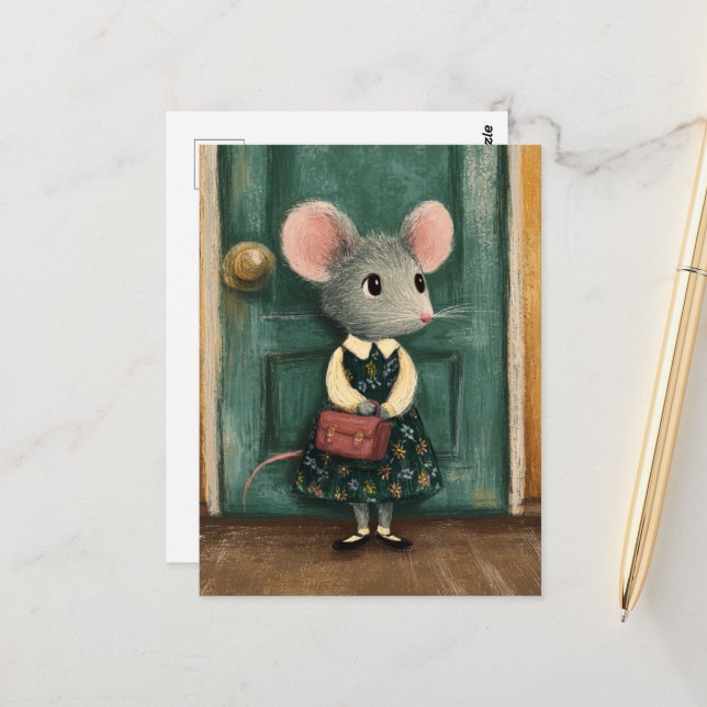 Adorable Mouse on Her First Day of School Postcard (Front/Back In Situ)