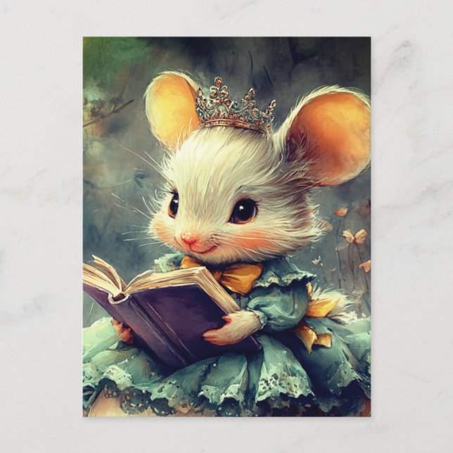 Adorable Mouse Princess Reading a Book Postcard (Front)