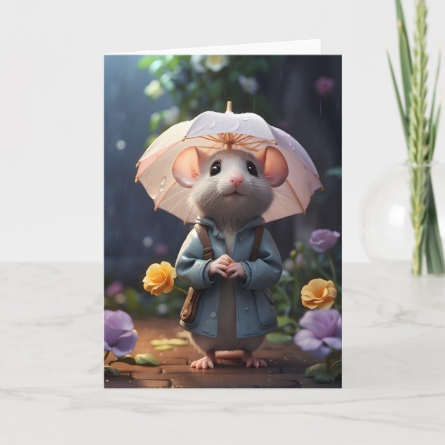 Adorable Mouse Purple Flowers Illustration Blank Card (Front)