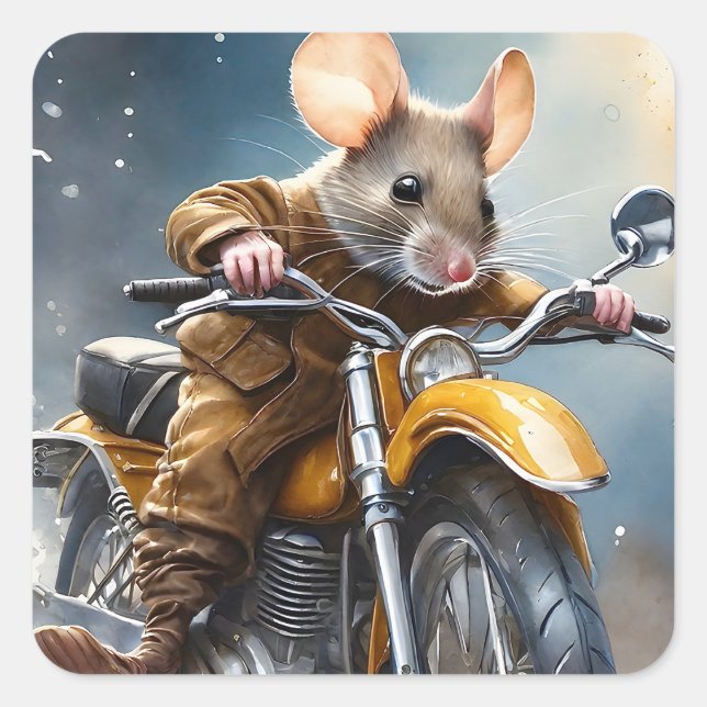 Adorable Mouse Riding a Motorcycle  Square Sticker (Front)