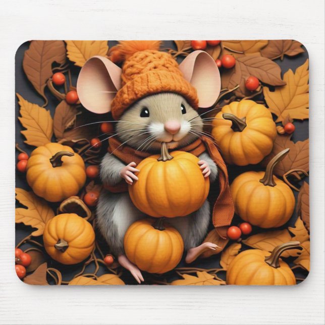 Adorable Mouse with Autumn Pumpkins Mouse Pad (Front)
