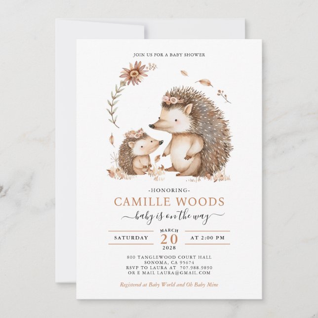 Adorable Mum And Baby Hedgehog Baby Shower Invitation (Front)