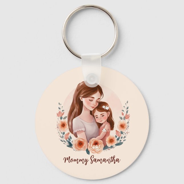 Adorable Mum and Daughter Bond - Floral Frame Key Ring (Front)