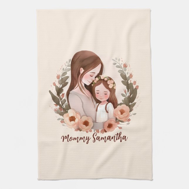 Adorable Mum and Daughter Bond - Floral Frame Tea Towel (Vertical)