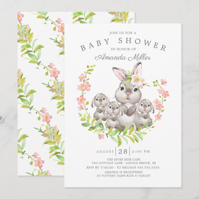 Adorable Mum & Baby Bunnies Triplets Baby Shower Invitation (Front/Back)