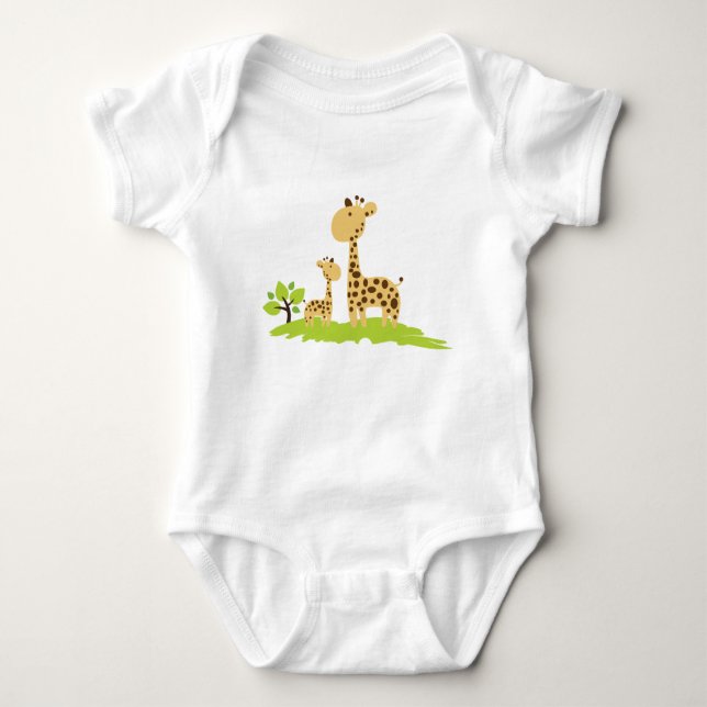 Adorable Mum & Baby Giraffe Green & Yellow Baby Bodysuit (Front)