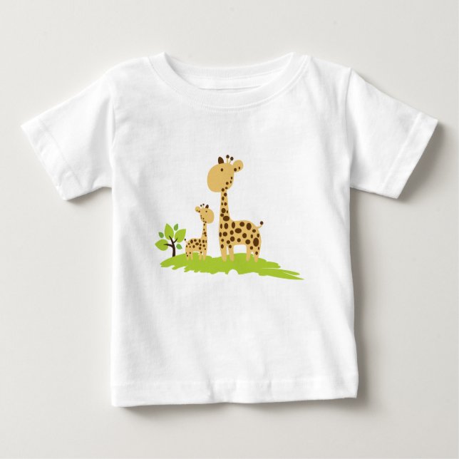 Adorable Mum & Baby Giraffe Green & Yellow Baby T-Shirt (Front)
