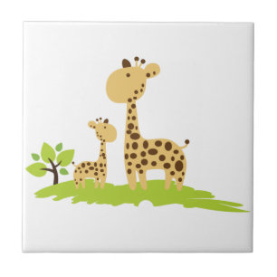 Adorable Mum & Baby Giraffe Green & Yellow Ceramic Tile
