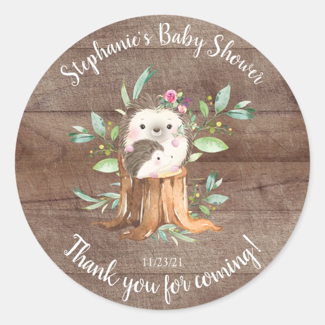 Adorable Mum & Baby Hedgehog Baby Shower Favour Classic Round Sticker (Front)