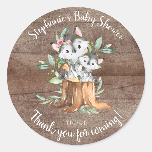 Adorable Mum & Baby Wolf Baby Shower Favour Classic Round Sticker (Front)