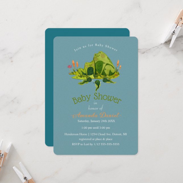 Adorable Mummy Frog and Baby Frogs Baby Shower  Invitation (Front/Back In Situ)