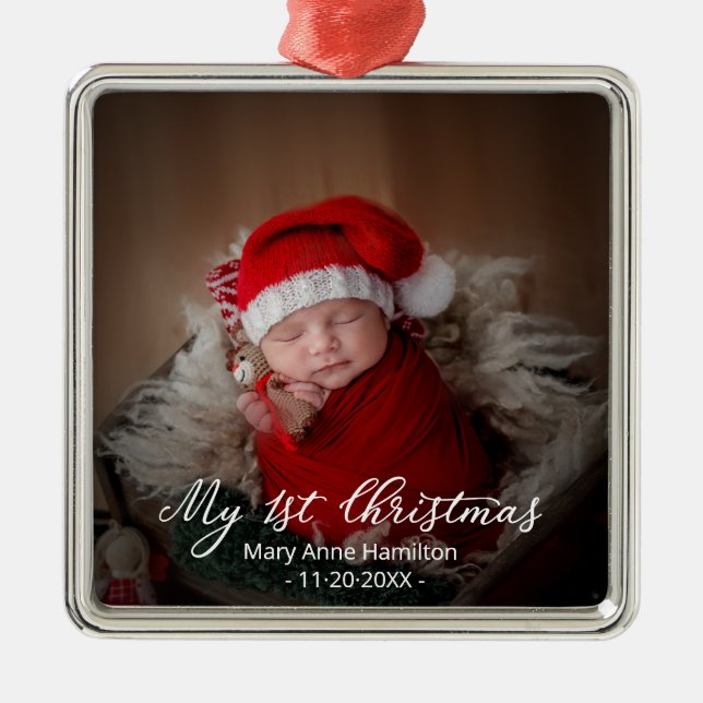 Adorable My First Christmas Newborn Baby Photo Metal Ornament (Front)