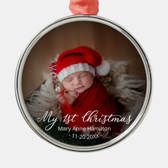 Adorable My First Christmas Newborn Baby Photo Metal Ornament (Front)