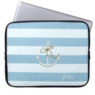 Adorable Nautical Anchor on Light Blue  Stripes Laptop Sleeve