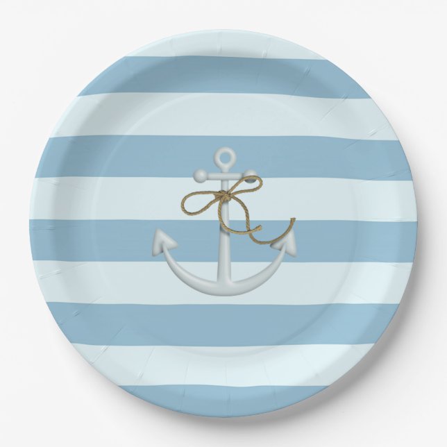 Adorable Nautical Anchor on Light Blue  Stripes Paper Plate (Front)