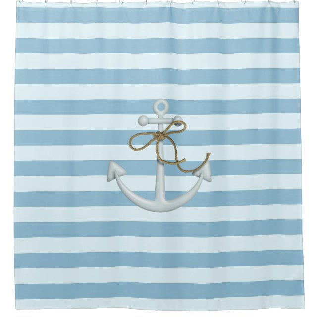 Adorable Nautical Anchor on Light Blue  Stripes Shower Curtain (Front)