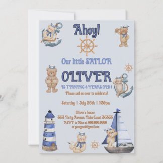 Adorable Nautical Blue Boat Teddy Bear birthday  Invitation