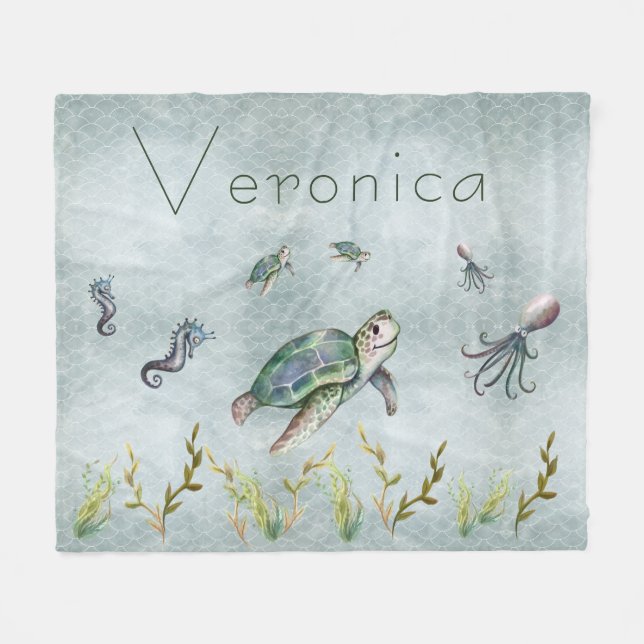 Adorable Nautical Sea Creatures Turtle Kids Baby  Fleece Blanket (Front (Horizontal))