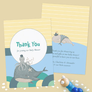 Adorable Nautical Whale Octopus Yellow Baby Shower Thank You Card