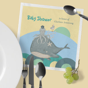Adorable Nautical Whale Squid Yellow Baby Shower Napkin