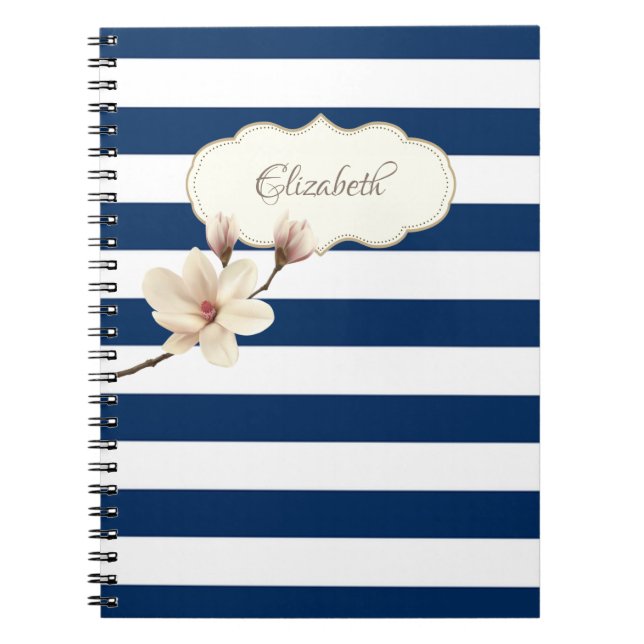 Adorable Navy Blue stripses,Magnolia ,Personalised Notebook (Front)