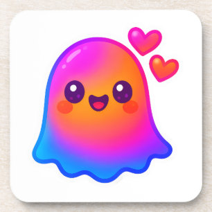 Adorable Neon Kawaii Ghost with Gradient Glow and Coaster