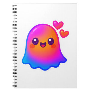 Adorable Neon Kawaii Ghost with Gradient Glow and  Notebook