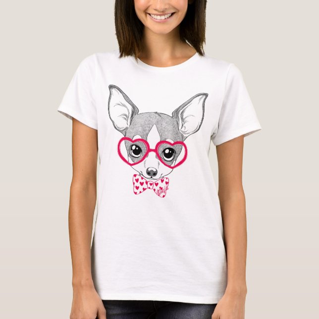 Adorable Nerdy Puppy Art Women's White T-Shirt (Front)