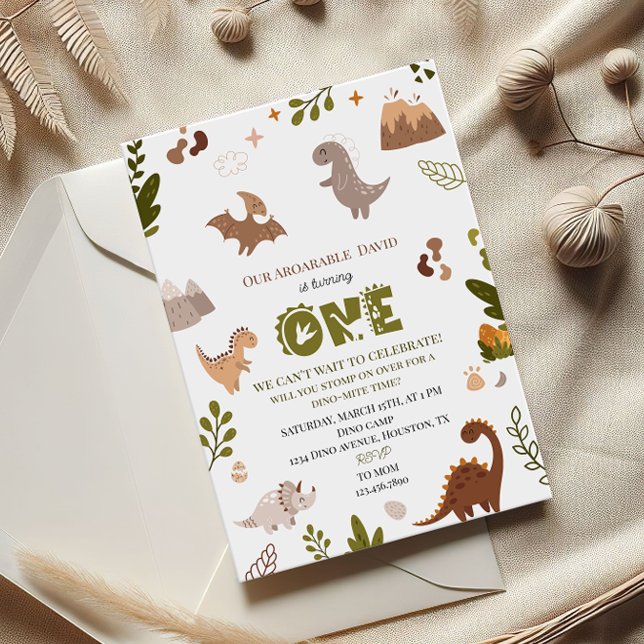 Adorable Neutral Jungle Dinosaur 1st Birthday Invitation (Creator Uploaded)