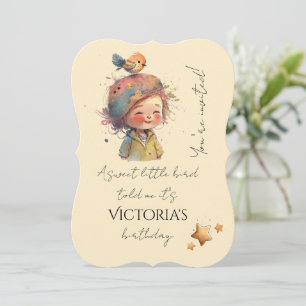 Adorable Neutral Pastel Gilrl Bird Stars Childhood Invitation
