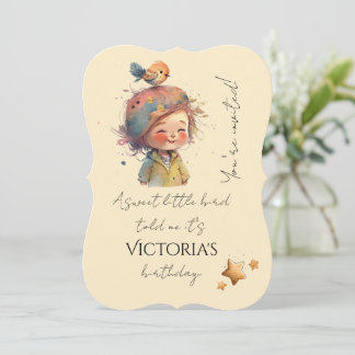 Adorable Neutral Pastel Gilrl Bird Stars Childhood Invitation