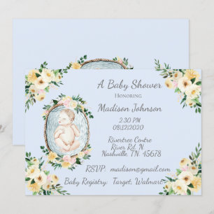 Adorable Newborn Baby Blue Floral Baby Boy Shower Invitation