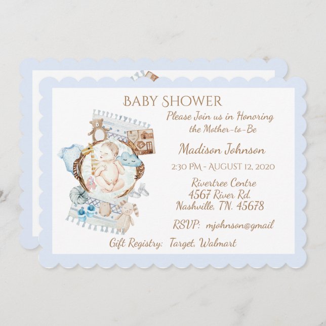 Adorable Newborn Blue Baby Boy Shower Invitation (Front/Back)