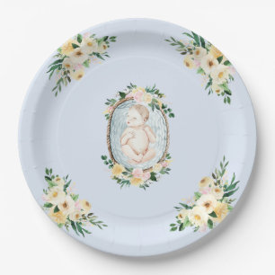 Adorable Newborn Blue Floral Baby Boy Shower Paper Plate