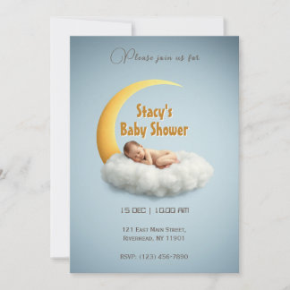Adorable Newborn Sleeping on Crescent Moon Invitation