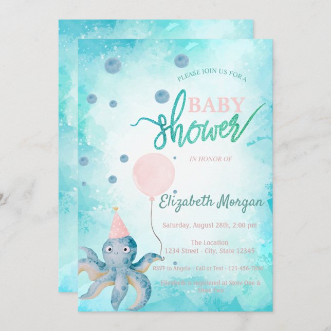 Adorable Octopus Balloon Summer Baby Shower Invitation (Front/Back)