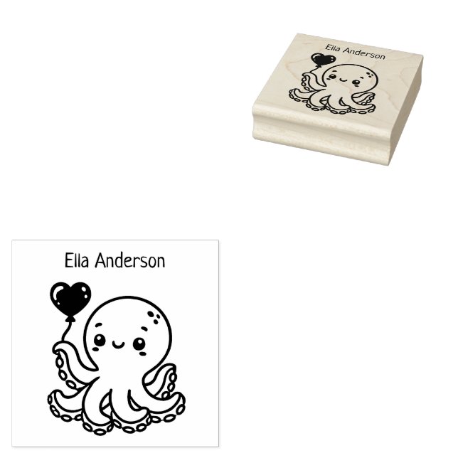 Adorable Octopus with Heart Balloon Rubber Stamp (Stamped)