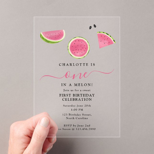 Adorable One in a Melon Watermelon Summer Birthday Acrylic Invitations (Insitu (Handheld))