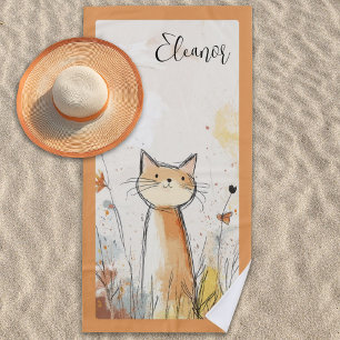 Adorable Orange Cat Illustration Personalised Beach Towel