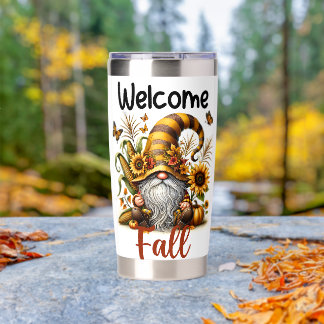 ADORABLE ORANGE FALL GNOME WITH AUTUMN PUMPKINS INSULATED TUMBLER