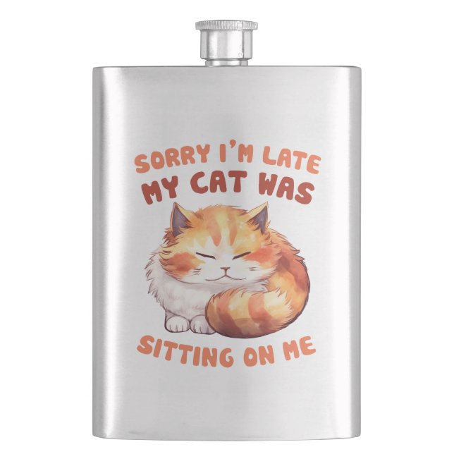 Adorable Orange Tabby Cat- Sorry I'm Late Hip Flask (Front)