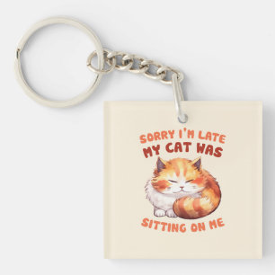 Adorable Orange Tabby Cat- Sorry I'm Late Key Ring